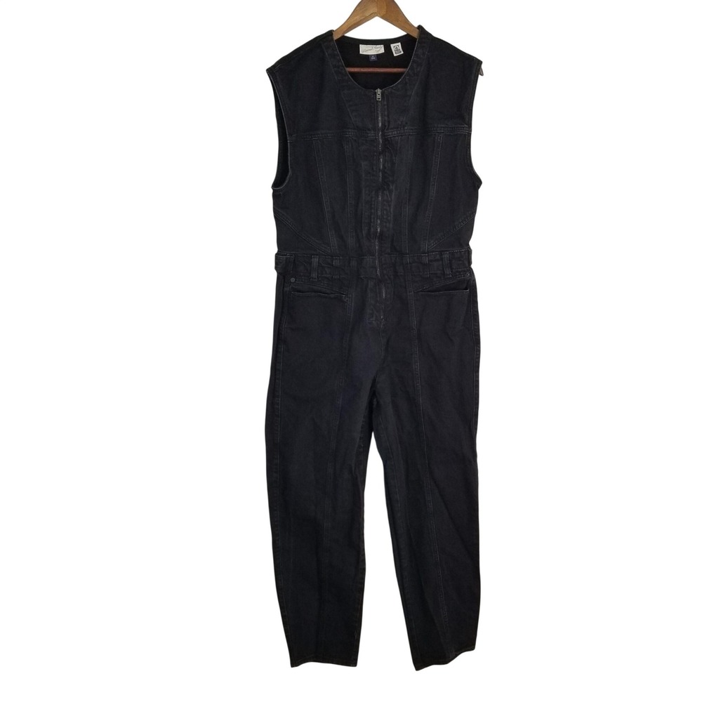 Universal Thread Womens Black Denim Sleeveless Zip Front Jumpsuit Sz 12 Tailored